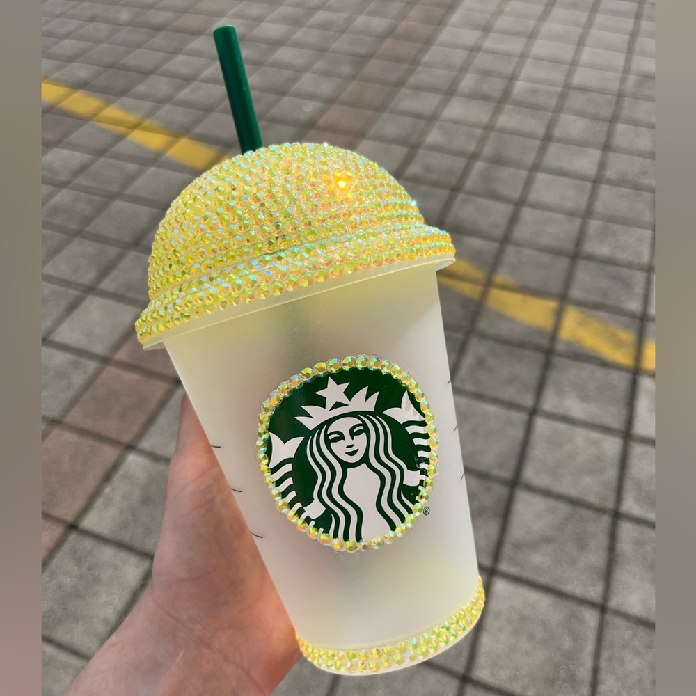 NWOT CustomStarbucks Yellow Bling Rhinestone Glittering Tumbler with Green Straw